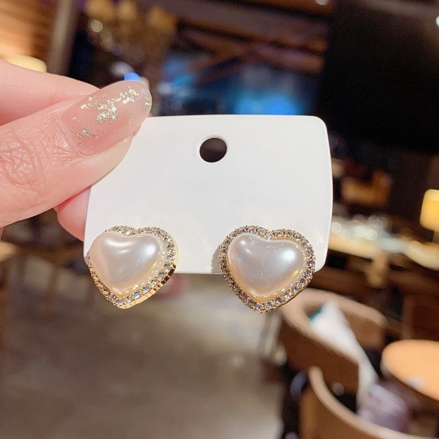 New Style Contracted Heart Pearl Earrings For Women Sweet Flower Zircon Geometric Stud Earring Girl Party Jewelry