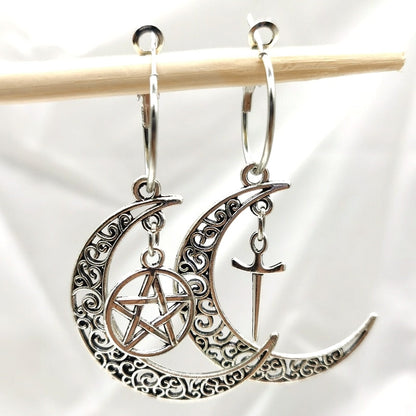 Pentagram Crescent Moon earrings ,Moon and Star earring,sword Pagan earring,Magic wand Wiccan earring,Pentagram moon