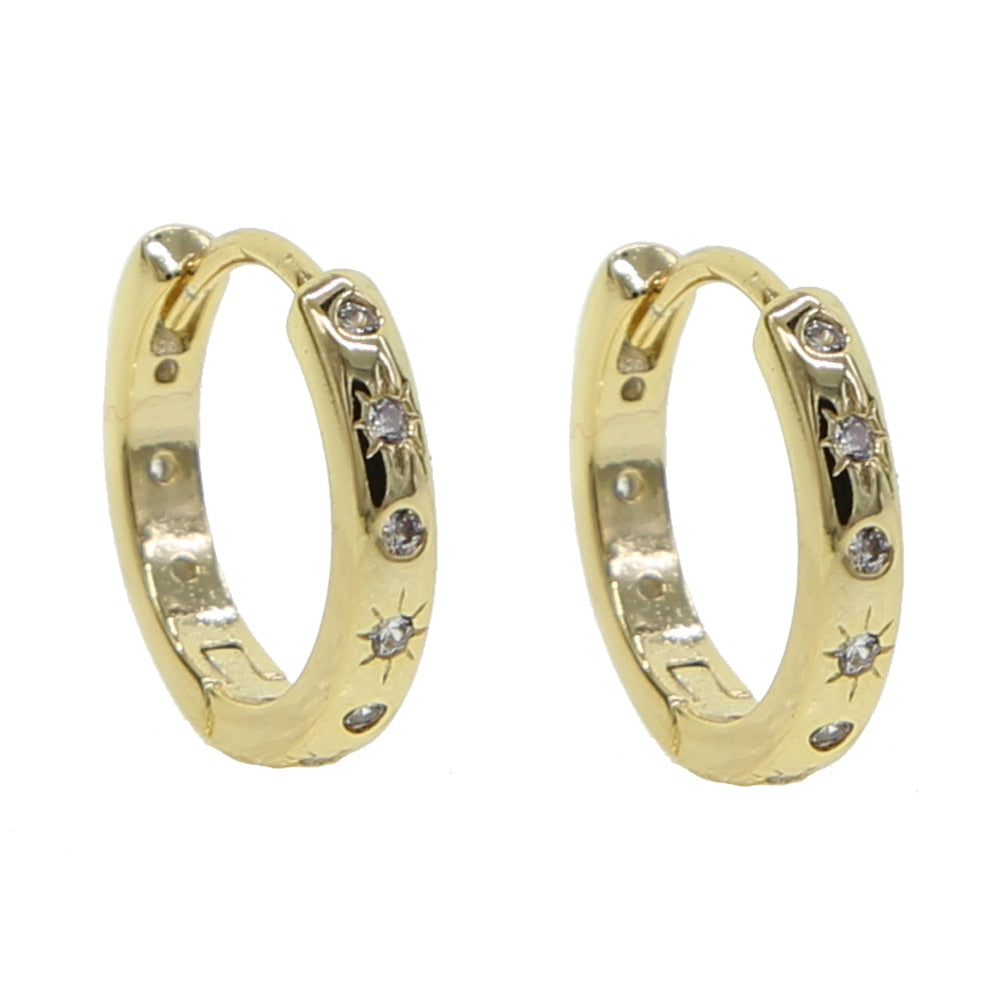 starlight starburst signet Gold color Huggie hoop earring Sparking clear cz minimal classic women girl hoops